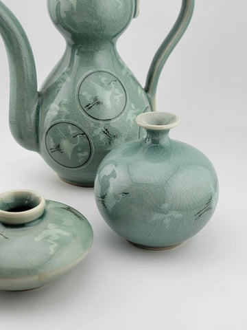 Rare Set Of 4 Goryeo Celadon Cloud & Crane Design Mineiwa Korean Living National