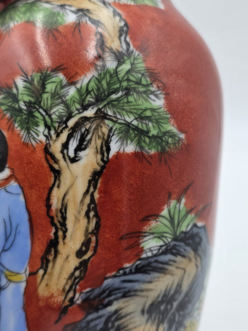 Antique Chinese Republic Famille Rose Coral Red Scholar Vase Qianlong Mark 10"