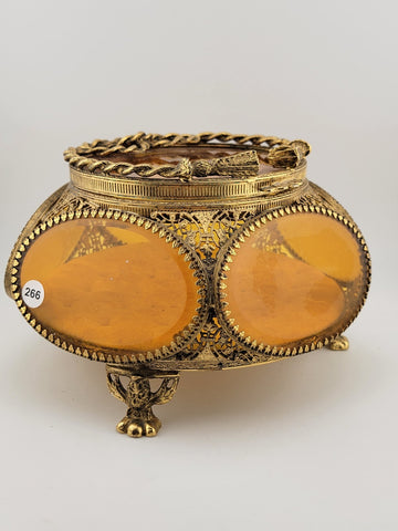 Antique Ormolu Filigree Trinket Casket Vitrine Box, 5-Sided Beveled Amber Glass