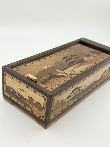Vintage Japan Traditional Sliding Lid Box Rolltop Trinket Rectangular Wooden Box