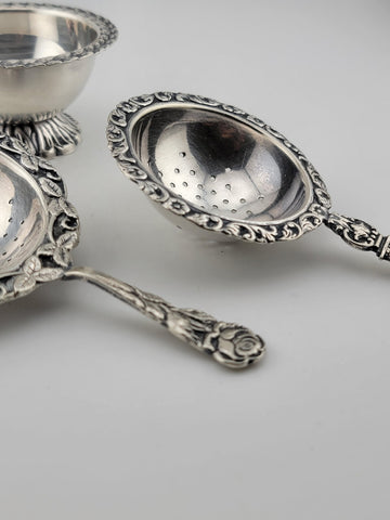 Rare Antique Silver 900 Dutch Loose Leaf Tea Strainers and Rest Dish Ornate