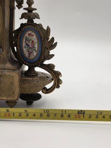 Private: 19th Century Brass & Porcelain Mantel Clock w Eight Day Movement. Works