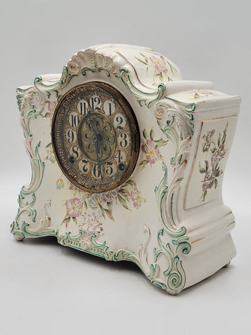 Antique 1890s #20 Kroeber Porcelain Mantle Clock - Turquois Accents - Working.