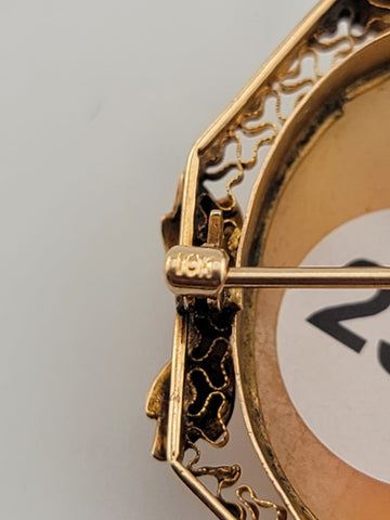 Antique Art Deco 10K Gold Portrait carved shell pendant brooch 1&1/4 inch.