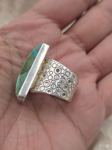 Large Natural Turquoise Sterling Silver Modern Statement Ring Wide Band Size 8.5