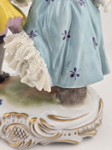 Vintage MCM Volkstedt Dresden Lace Porcelain Figurine GDR Courting Couple Rococo