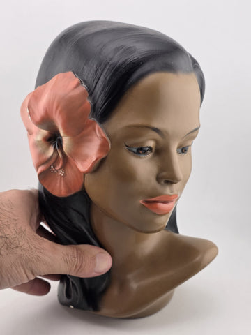 Vintage Hawaiian Hula Girl Bust Marwal Chalkware w/ Hibiscus 9.5" t 1950's MCM