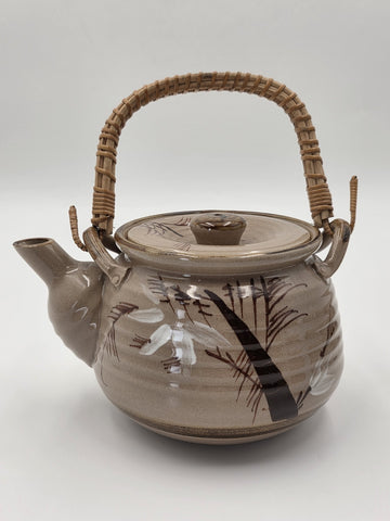 Vintage Japanese Ceramic Tea Set Bamboo Motif Teapot & 6 Cups Stoneware. VG Cond