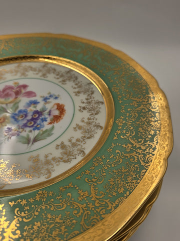 Set Of 6 Vintage Le mieux China 24K Gold Trim Mint Green Floral Cabinet Plates