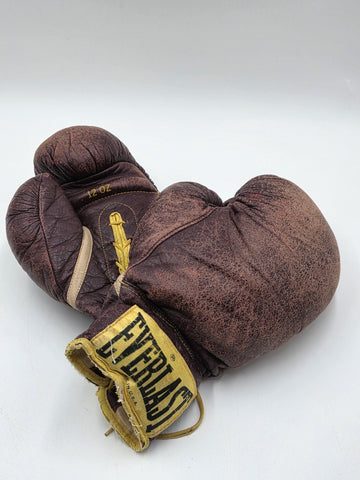 Antique 1950s Everlast 12oz Brown Leather Lace-Up Boxing Gloves Made in USA