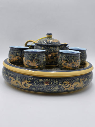 Chinese Qianlong Mark Porcelain Dragon Gongfu Tea Set Teapot 6 Cups Tray. New.