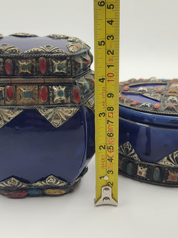 Vtg Mid Century Moroccan Berber Style Cobalt Ceramic Box Vase Metal Inlay Set