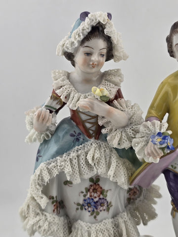 Vintage MCM Volkstedt Dresden Lace Porcelain Figurine GDR Courting Couple Rococo