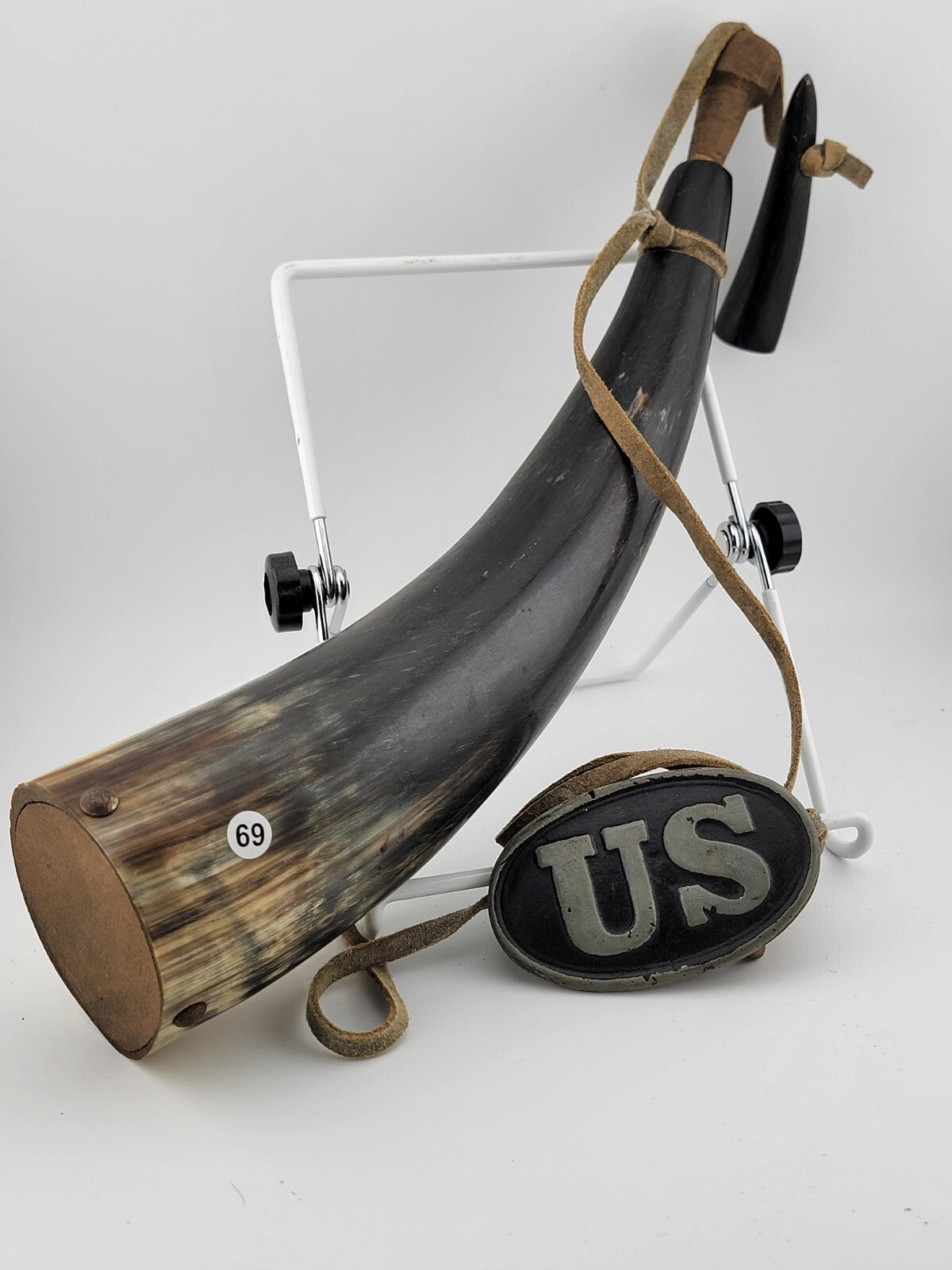 Original Pre-WW1 US Military Large Black Powder Horn & Belt Buckle