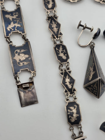 Rare Antique 1940s Siam Sterling Silver Niello Jewelry His And Hers Complete Set