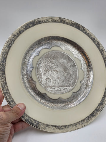 Set of 3 Antique Czech Silver Inlaid Enamel Fairy Plates c.1910 Art Nouveau