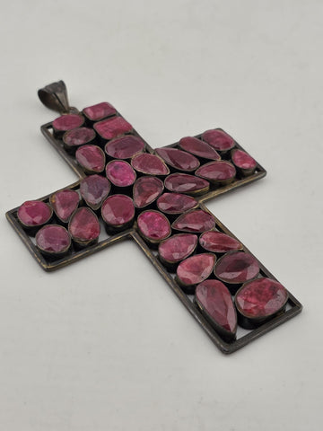 Antique Very Large Sterling Silver Garnet Cross Pendant W Purple Agate Stone.