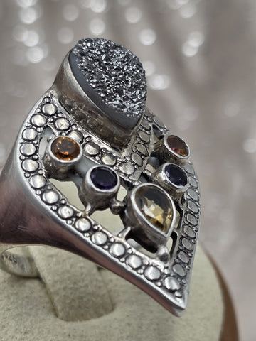 Nicky Butler Sterling Silver Ring Druzy Quartz Gemstones Signed NB India Size 10