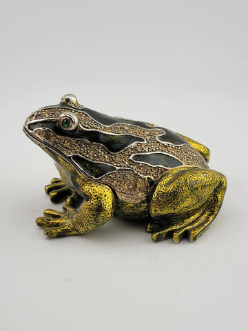 Black & Green Enamel Frog Trinket Box - Jeweled Gold Tone w/ Magnetic Closure