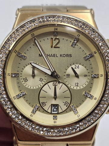 Michael Kors MK5386 Gold Tone Crystal Bezel Chronograph Watch 43mm Date