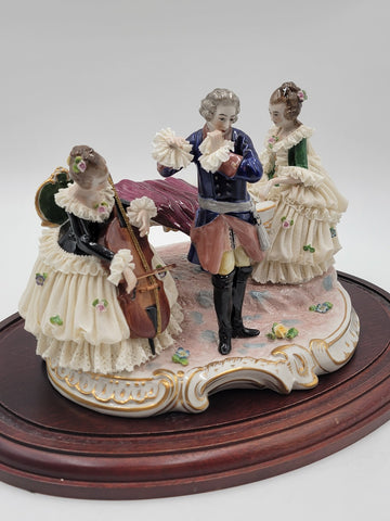 Antique 19th C Victorian Dersden Germany Laced Figurine Music Trio In Glass Dome