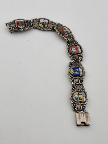 Vintage Silver Pewter &Enamel Souvenir Bracelet Spain & Portugal Shield Flags 8"