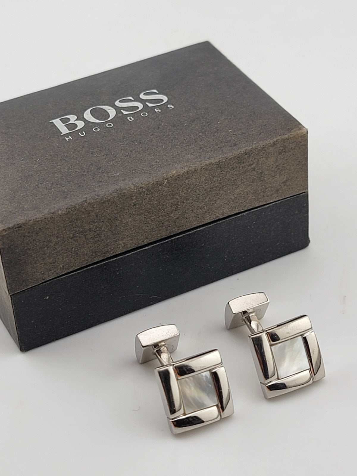 Rare Vintage Hugo Boss - Silver-Tone Mother-of-Pearl Cufflinks - Original Box.