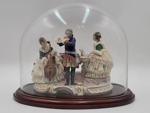 Antique 19th C Victorian Dersden Germany Laced Figurine Music Trio In Glass Dome