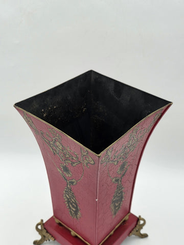 Antique 1940 Hollywood Regency Red Gold Toleware Planter Cachepot Louis XV Style