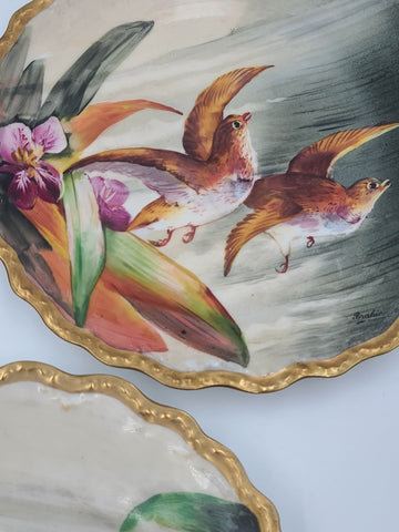SET OF 3 ANTIQUE LIMOGES FRANCE LRL HAND PAINTED BIRDS CABINET PLATE SIGNED