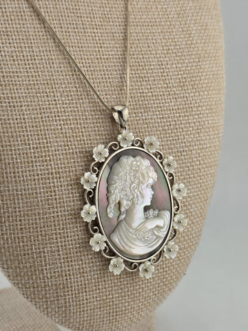 Large Sterling Silver Mother of Pearl Cameo Pendant Necklace Floral Frame 925