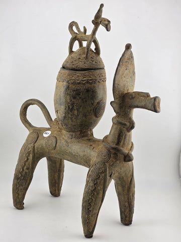 Antique African Nobility Ceremonial Dogon Bronze Horse w/ Covered Container 12"H