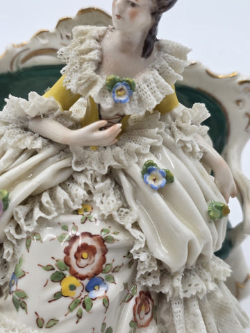 Vintage Dresden Lace Porcelain Lady Figurine Seated On Settee Sofa Germany 1078