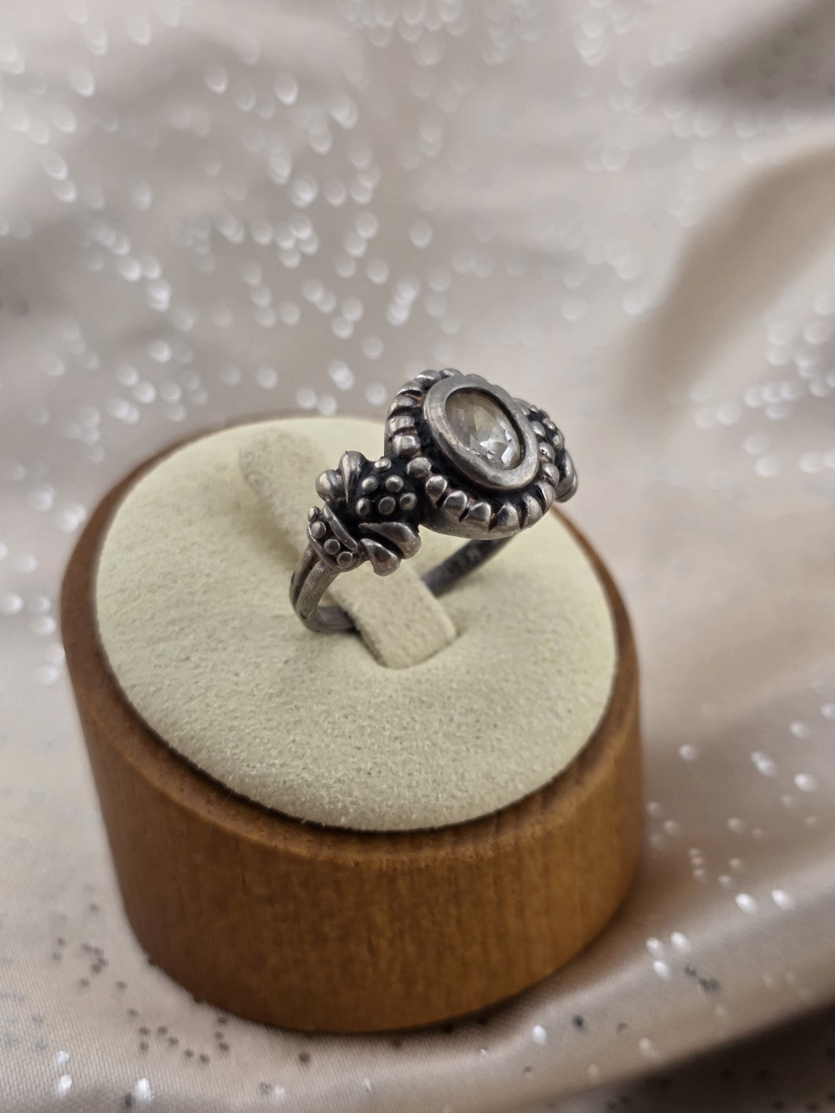 Antique 925 Sterling Silver Oval Clear Stone Floral Oxidized Artisan Ring Sz 8