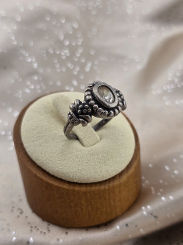 Antique 925 Sterling Silver Oval Clear Stone Floral Oxidized Artisan Ring Sz 8