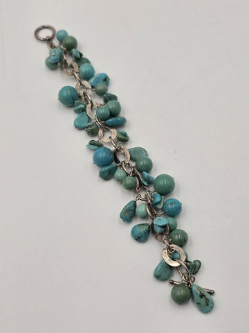 Vtg Sterling Silver 925 Turquoise Cluster Charm Bracelet Artisan Southwest 8"