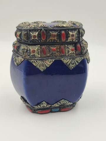 Vtg Mid Century Moroccan Berber Style Cobalt Ceramic Box Vase Metal Inlay Set