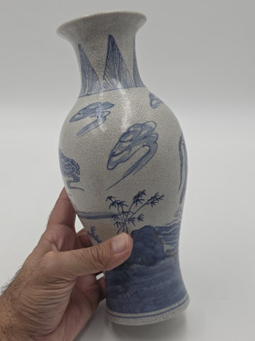 Antique Chinese Blue &White Crackle Glaze Porcelain Vase Immortals Qianlong Mark