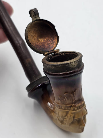 Antique C1890 German Figural Ceramic Tobacco Pipe Long Wood Stem Hinged Wind Cap