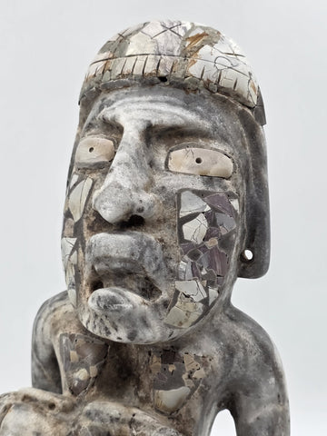 Antique Large Mayan Aztec Style Stone Sculpture Tribal Figure Inlay 15” Statue