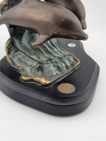 Vintage SPI Three Bronze Dolphin  Leaping Sculpture Figurine Signed  Marble Base