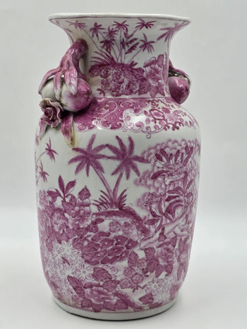 Vintage Chinese Porcelain Pink Chinoiserie Vase w Pommegranate Flowered Handles
