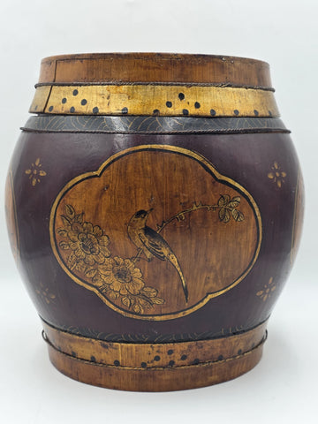 Antique Asian Hand Painted Rice Barrel Wooden Lidded Storage Bucket Bird Pagoda