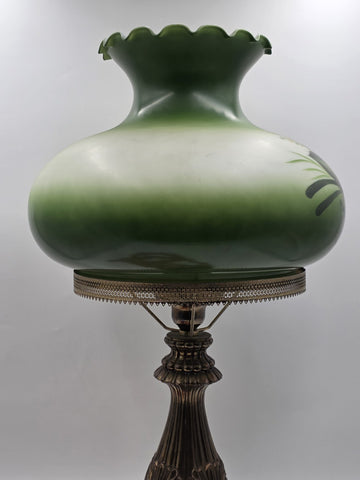 Antique Victorian Style Hurricane Lamp Electric Floral Shade Ornate Brass Base