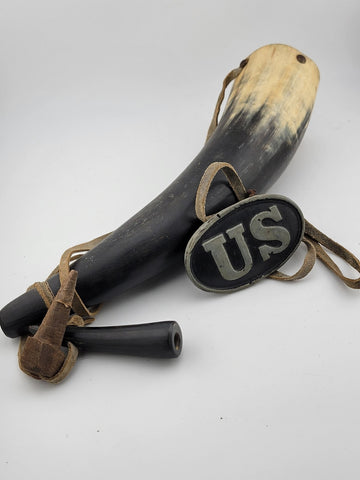 Original Pre-WW1 US Military Large Black Powder Horn & Belt Buckle