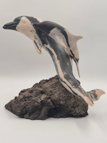 Rare Large Signed NLW Ltd Edition Stone Dolphin Sculpture 132/200 on Lava Base