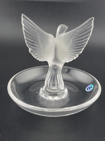 LALIQUE FROSTED CRYSTAL "THALIE" OPEN-WING DOVE RING or PIN TRAY