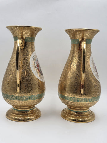 Pair Vintage Le Mieux 24 Karat Gold Handled Vases Victorian Scene Ladies Cherubs