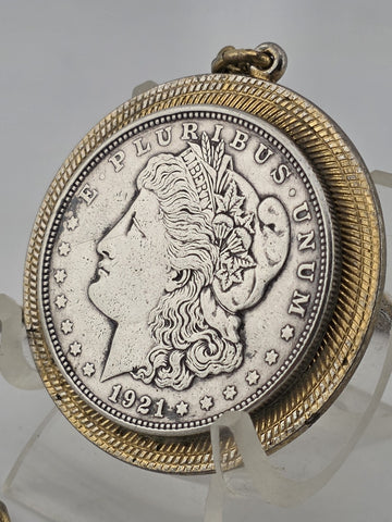 Antique 1921 Morgan Silver Dollar Pendant & 24" Gold Plated chain.