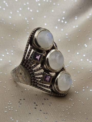 Rare Himalayan Gems 3-Moonstone & Amethyst Multistone Sterling Silver Ring. 9.5